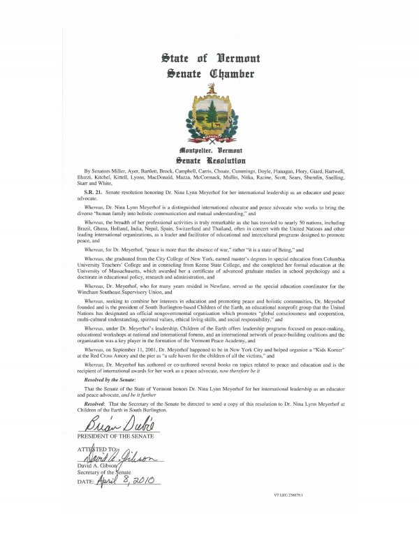 State of Vermont Senate Resolution Honoring Dr. Nina Lynn Meyerhof
